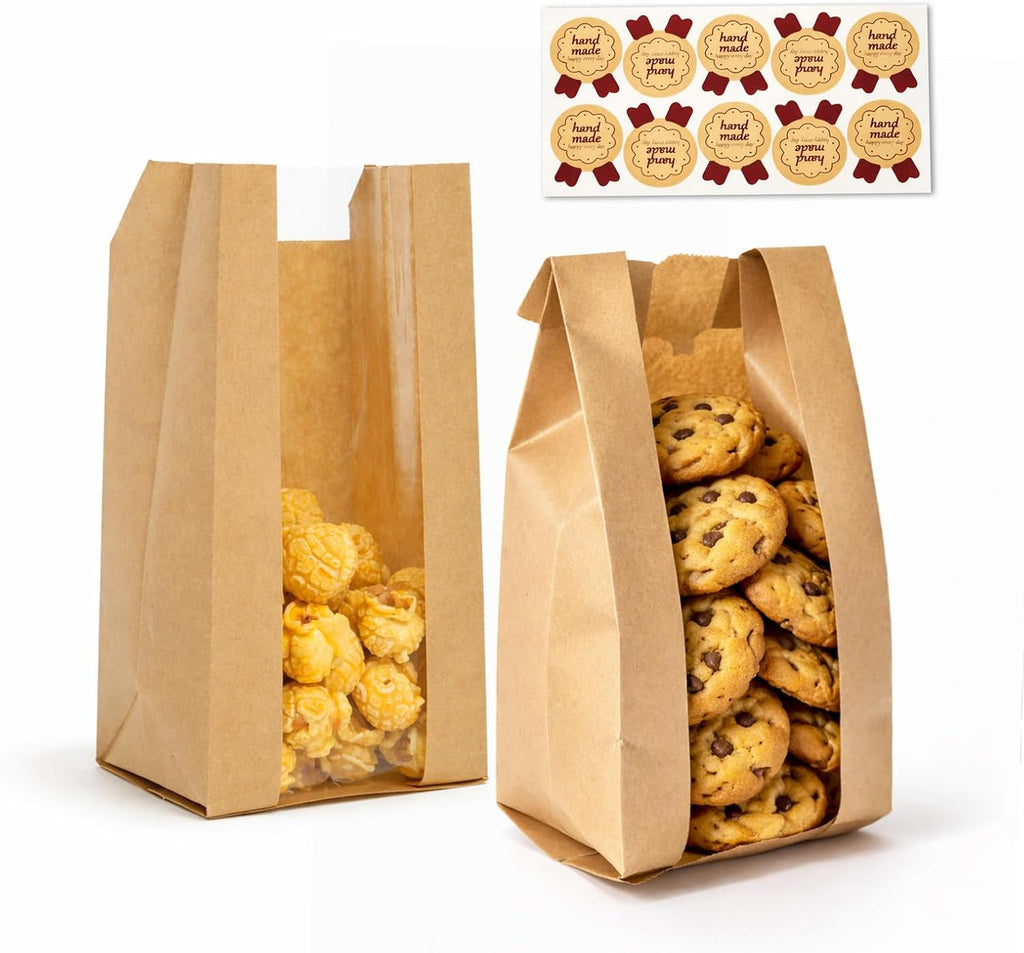 WIKDAY Bakery Bags with Window 25PCS Paper Cookie Bags Small Pastry Bags for Baked Goods Gift Giving Snack Treat Desert Packaging Storage Includes 25PCS Label Seal Stickers 3.5x2.3x7.5in