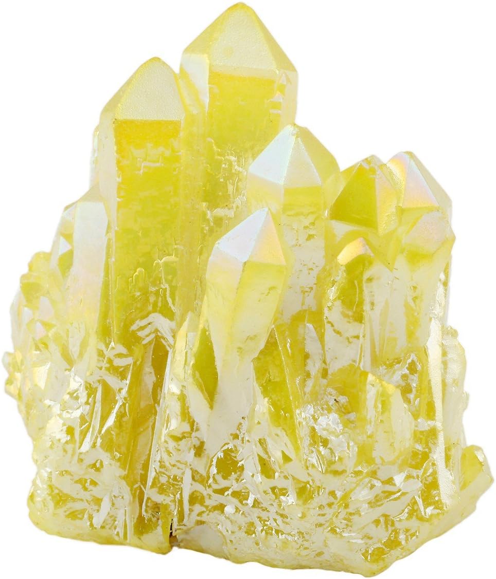 Rockcloud Healing Crystal Natural Titanium Coated Lemon Yellow Rock Quartz Cluster Geode Druzy Home Decoration Gemstone Specimen