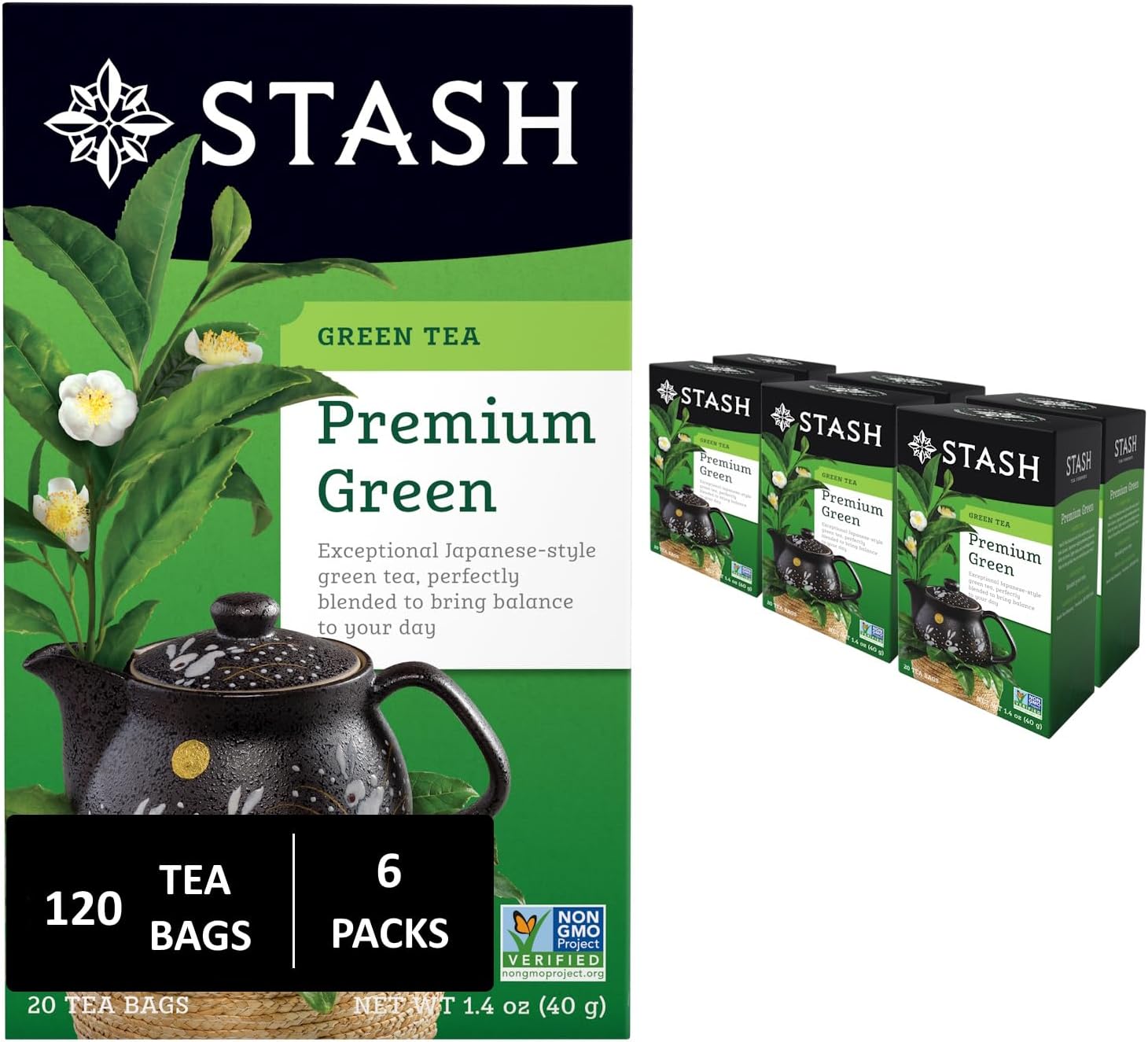 Stash Tea Premium Green Tea, 20 Count Box of Tea Bags in Foil, (Pack of 6)