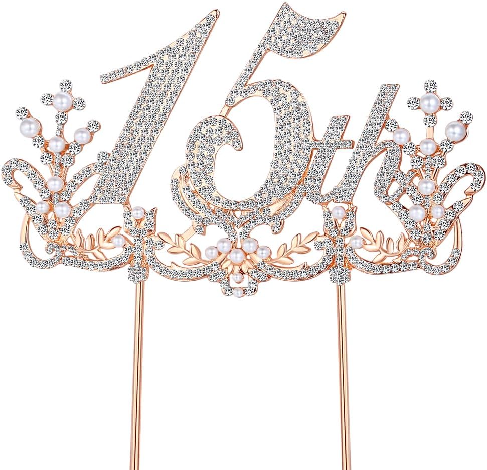 Lovelyshop Luxurious Diamond Gold Cake Topper for 15th Birthday Celebrations and Quinceañera-Large