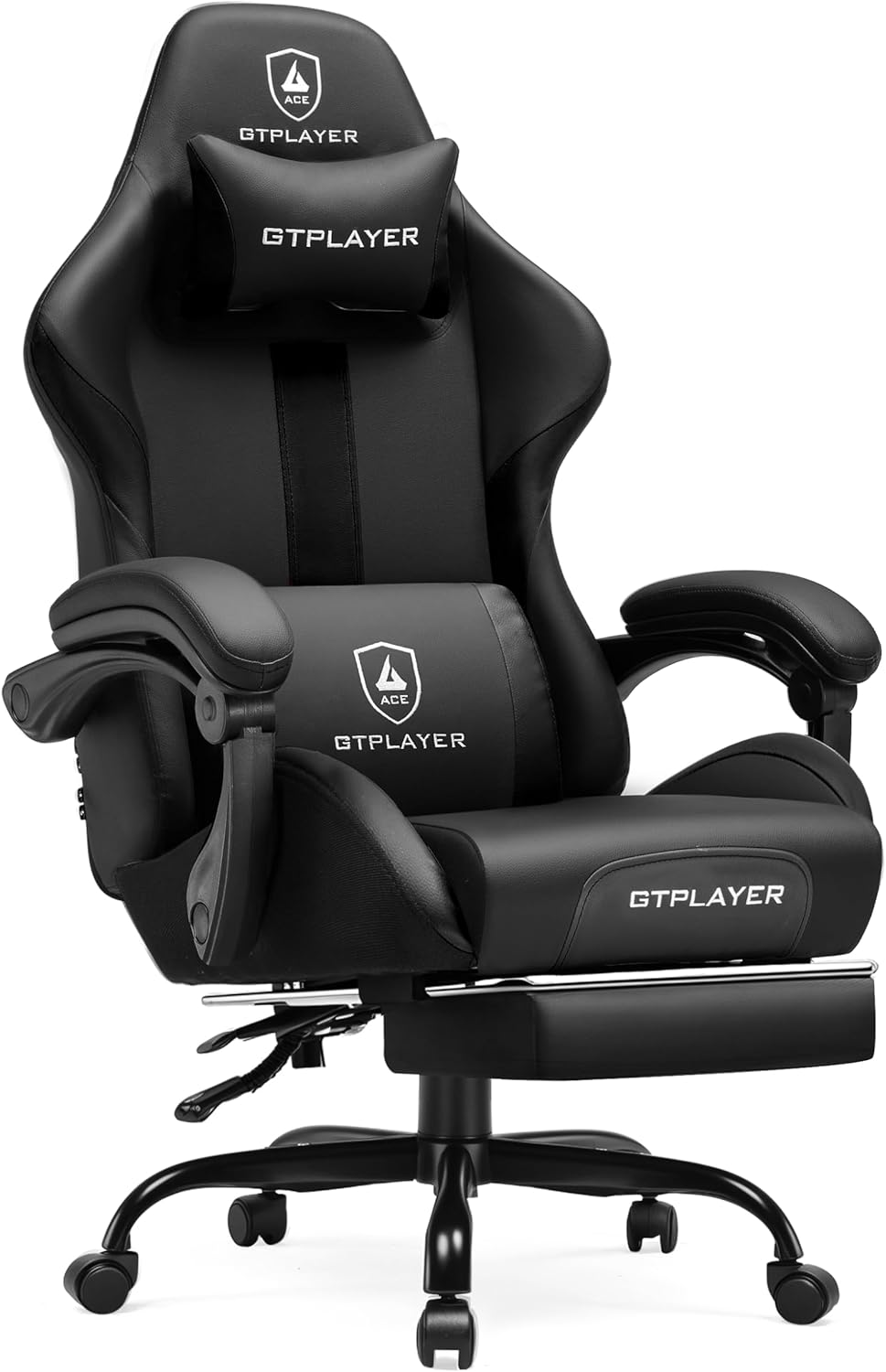 GTPLAYER Gaming Chair with Foot Rest & Pocket Spring Cushion, Ergonomic High Back Computer Chair with Headrest & 360°-Swivel Seat for Home Office Desk, PU Leather, Black