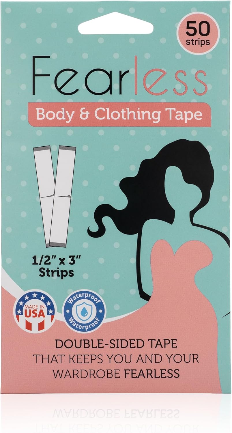 Fearless Tape - Double Sided for Clothing Body & Dresses (50 Strips) | Clear Fabric Tape for Clothes Skin | Adhesive Body Tape All Day Hold