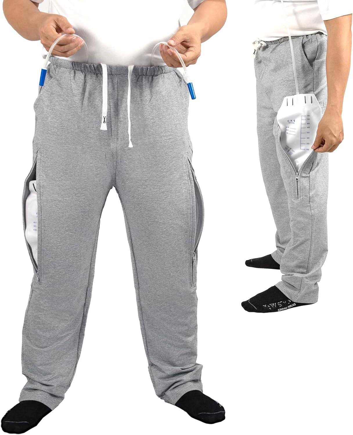 Catheter Leg Bag Pants, Urine Bag Holder Pants, Catheter Leg Bag Holder for Men & Women, Catheter Urine Drainage Bag Holder with Zippered Pockets to Hold 2000ml Catheter Bags Gray