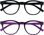 OPULIZE BLU Blue Light Blocking Reading Glasses for Women Men, Cool Round Frame with Anti-Glare Computer and Gaming Eyewear, UV and Eyestrain Protection, Black Puple +2.50 (Pack of 2)