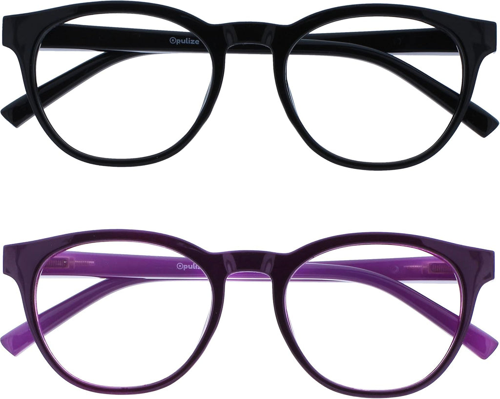 OPULIZE BLU Blue Light Blocking Glasses for Women Men, Cool Round Frame with UV and Eyestrain Protection, Anti-Glare Computer and Gaming Eyewear, Black Purple (Pack of 2)