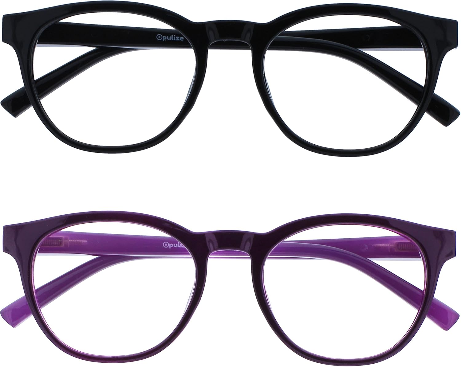 OPULIZE BLU Blue Light Blocking Reading Glasses for Women Men, Cool Round Frame with Anti-Glare Computer and Gaming Eyewear, UV and Eyestrain Protection, Black Puple +1.50 (Pack of 2)