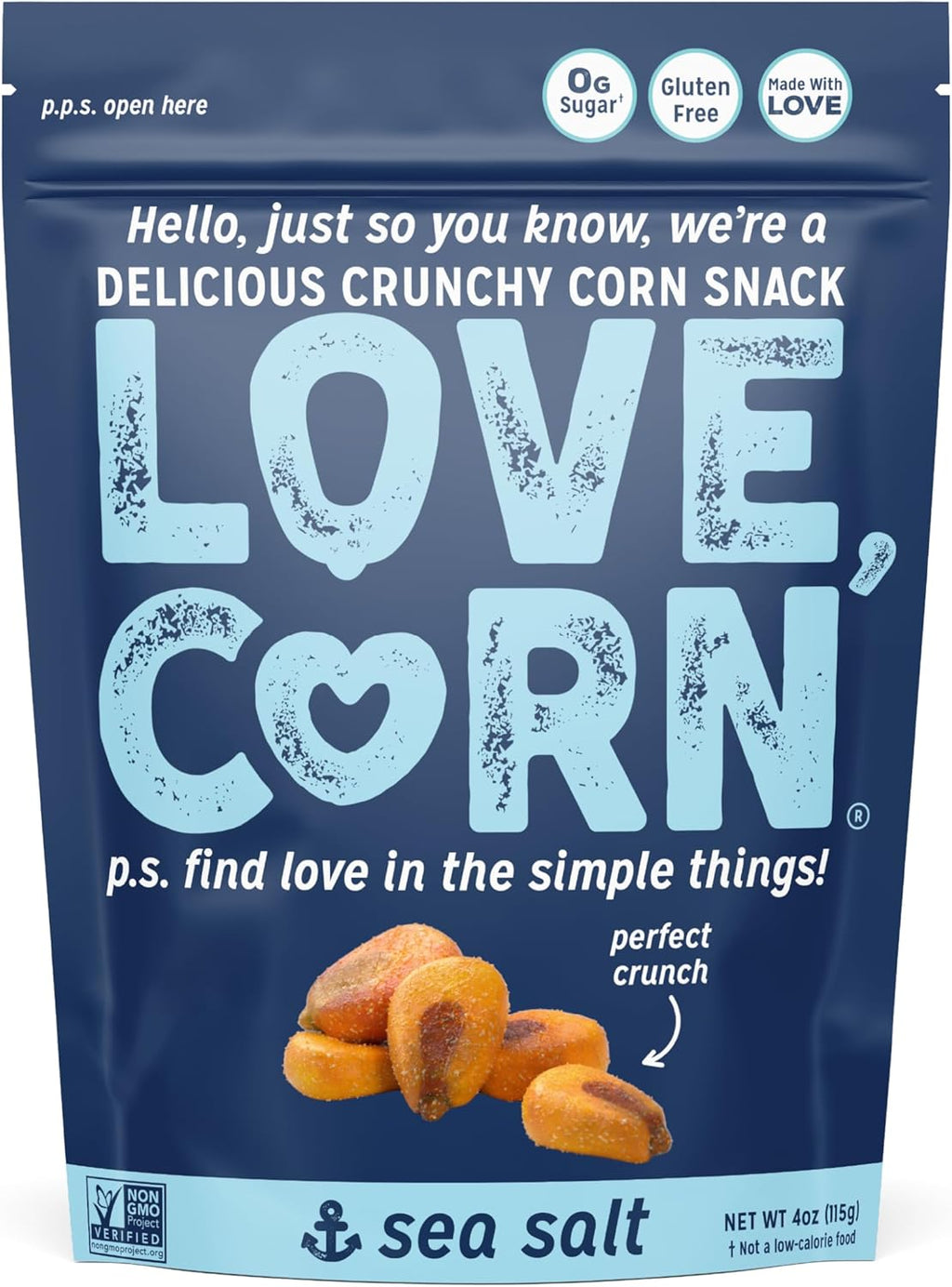 LOVE CORN Sea Salt | Delicious Crunchy Corn Natural Snack | 4 Ounce x 1 Bag | Non-GMO, Low-Sugar, Gluten-Free, Plant Based, Vegan, Low Sugar