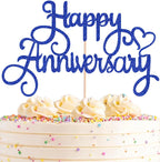 Happy Anniversary Cake Topper - Royal Blue Glitter Happy Anniversary Cake Decorations Supplies - Happy Birthday Cake Bunting Decor, for Photo Booth Props