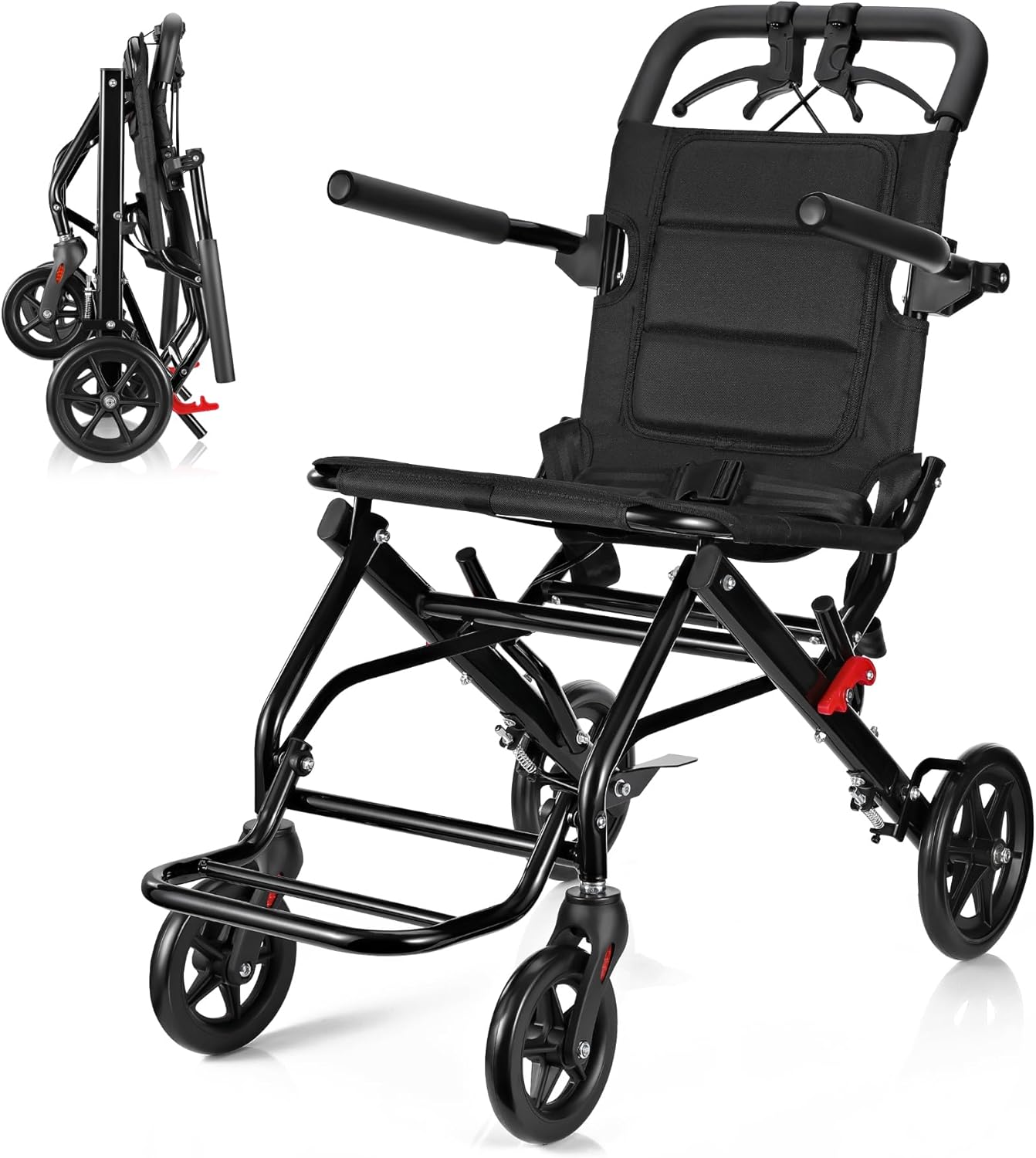 Lightweight Wheelchair, Portable Folding Transport Wheelchair with Locking Hand Brakes, Folding Transit Wheelchairs for Adults and Seniors Support 220lbs