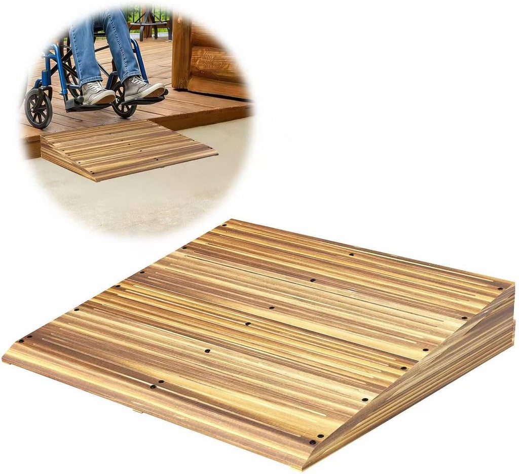 Wooden Threshold Ramp for Home Steps, 9" Rise Doorway Ramp with Non-Slip Grooves, Door Ramp for Wheelchair/Walker/Cart/Scooter, (31.4 W*9.0" H, Solid Pine Wood, 600LBS Capacity)