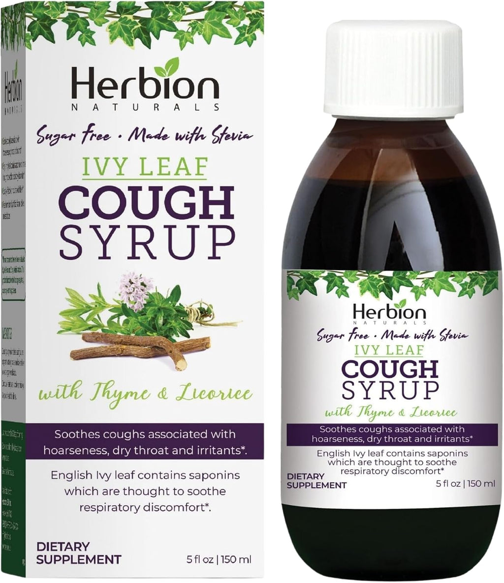 HERBION Naturals Ivy Leaf Cough Syrup with Thyme and Licorice, 5 FL Oz, Soothes Throat and Relieves Respiratory Discomfort, for Adults, Kids 13 Months and Above, Alcohol Free, Sugar Free with Stevia