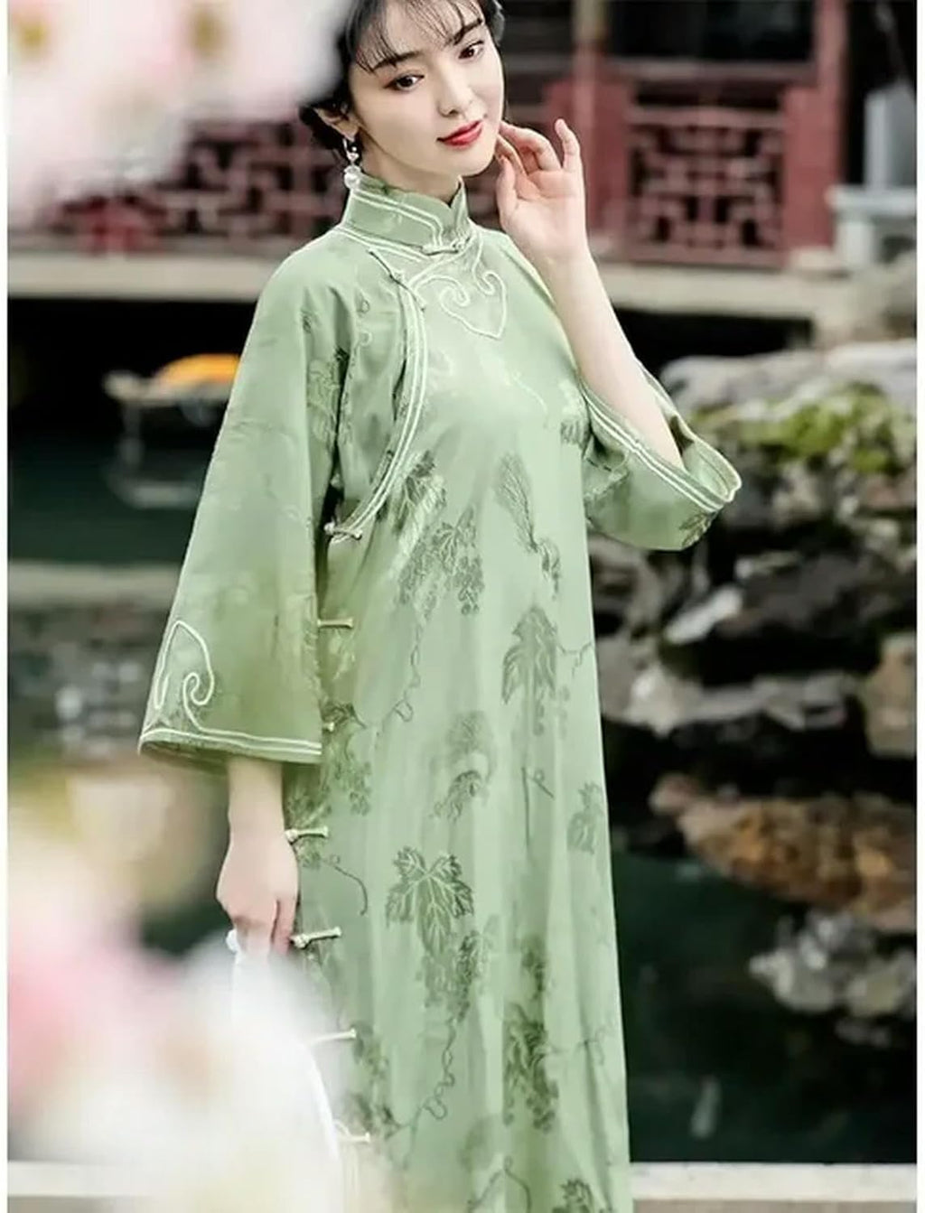 Elegant Green Satin Jacquard Long Sleeved Cheongsam Dresses Qing Dynasty Vintage Long Dress Casual Qipao