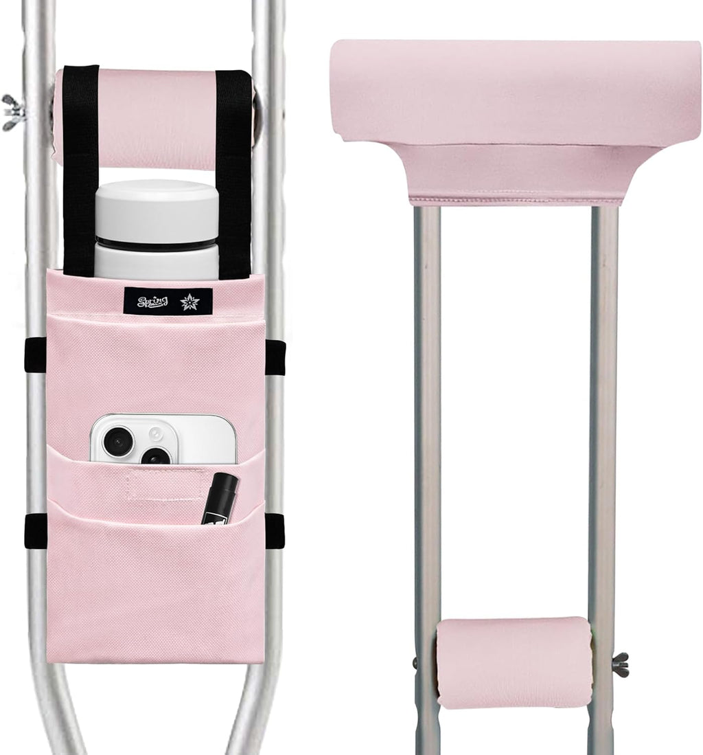 SPRING SEAON Crutches Padding & Crutch Bag (5 PCS) - Crutch Pads for Armpits and Hand Grips Water-Resistant Pouch for Crutches Crutch Cushions Crutches Accessories for Kids, Men, Women Pink