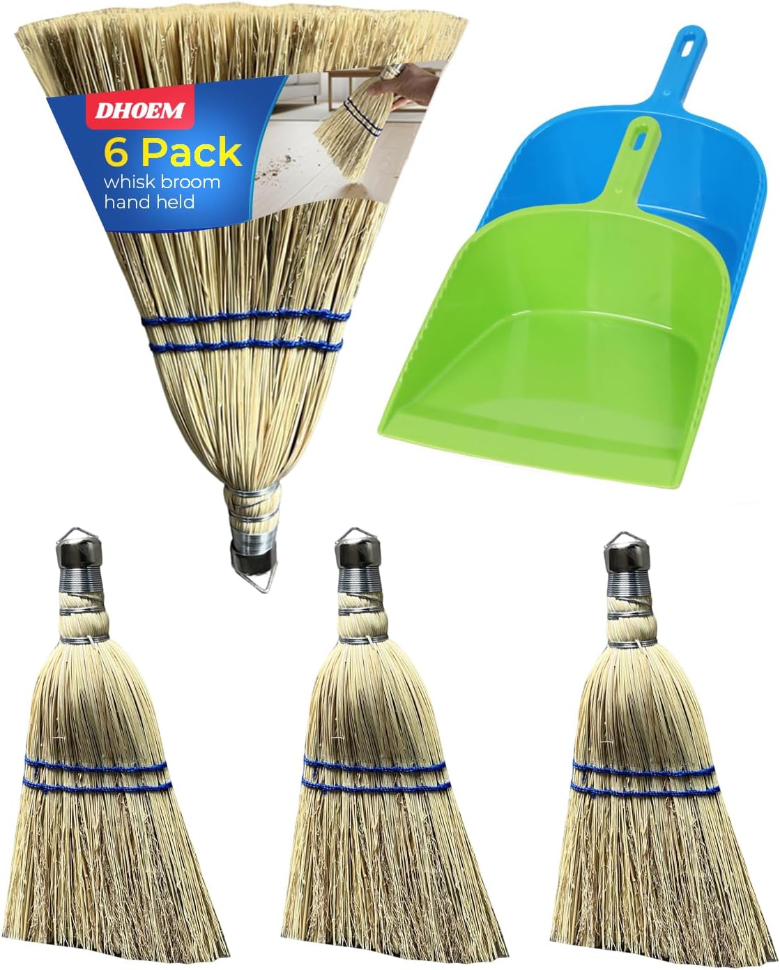 6Pack 12 Inch Handheld Broom Set, Heavy Duty Mini Corn Broom with Metal Hanging Hook, Natural Straw Whisk Broom for Quick Sweeping of Debris, Dust, Dirt in Car, Porch, Outdoor, Camping, Driveway