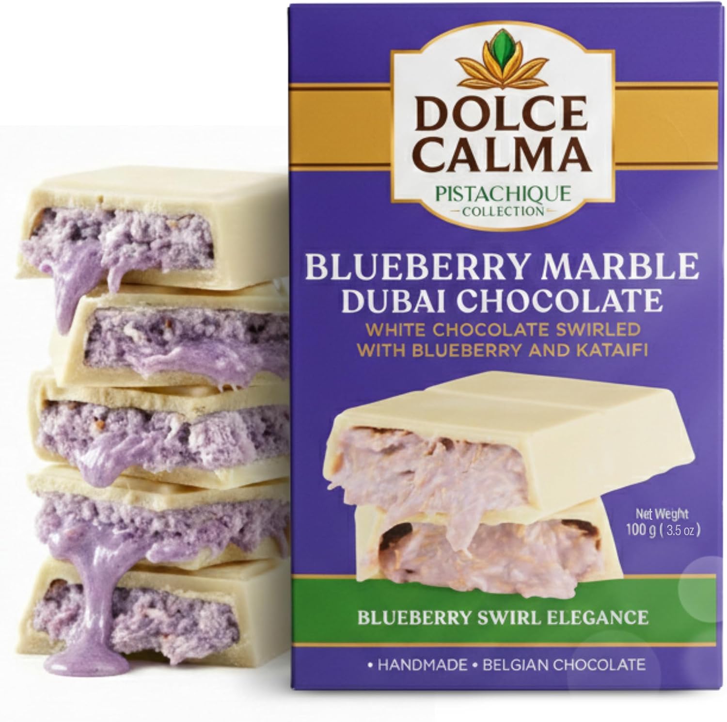 Dolce Calma Dubai Chocolate Bar Blueberry (100g / 3.5oz) – Viral Authentic Handmade Belgian Chocolate with Turkish Pistachio & Crispy Kataifi, Premium Quality Candy, Luxury Kunafa Filling, No Palm Oil