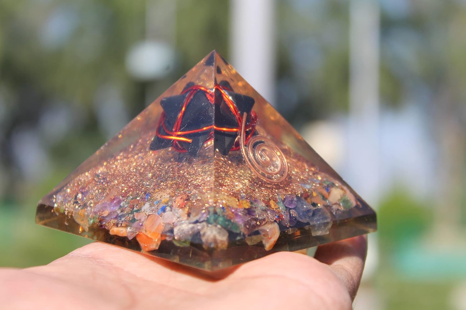 Jet International Men's Mix Gemstone Tourmaline Merkaba Chakra Orgone Pyramid Crystal Gemstones Copper Metal Mix Rare Healing Positive Energy Tetrahedron Sacred Geometry Memory Concentration