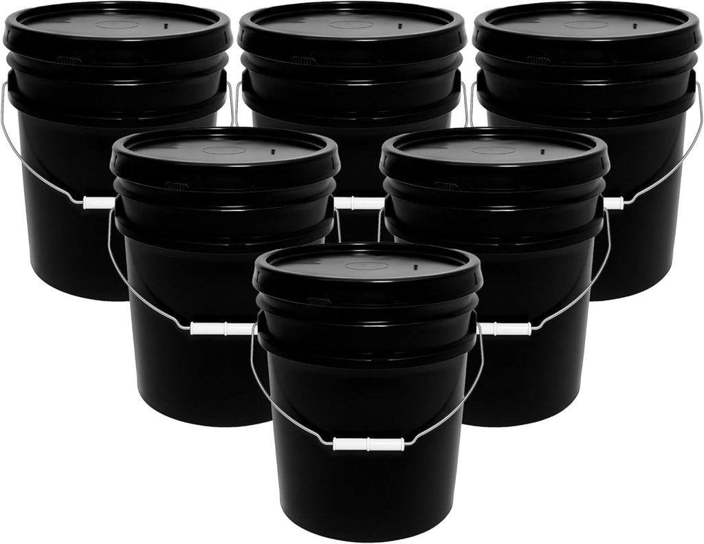 5-Gallon Bucket with Airtight Lid – Made in USA, Food Grade BPA Free Plastic, Heavy Duty Multi-Use, Metal Handle with Grip, Stackable Storage – Black, 6 Pack