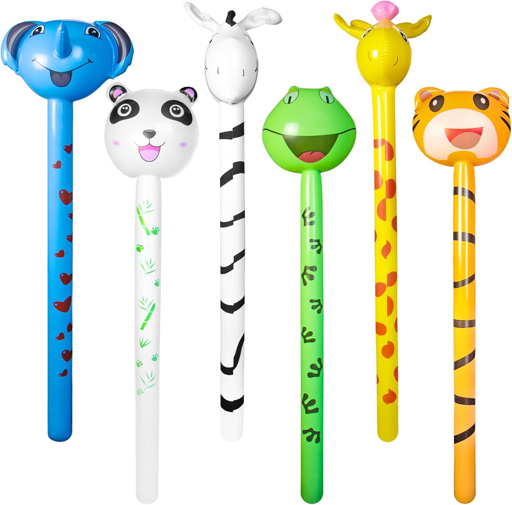 Novelty Place 6 Pcs Inflatable Animals Stick with Sound - Jungle Safari Animal Balloons Stick Blow Up Toys for Kids Animal Theme Birthday Party Favors and Decorations