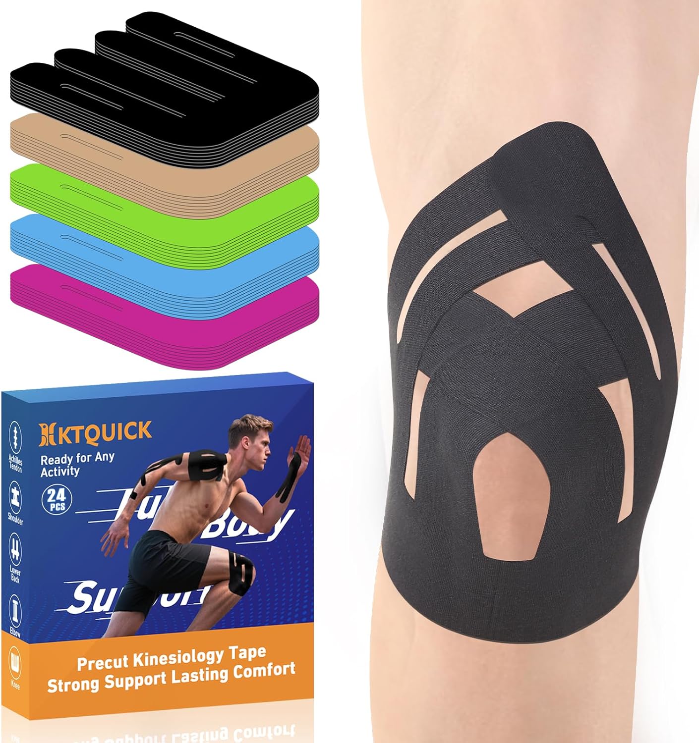 PreCut Kinesiology Tape for Knees, 12PCS Upgraded Waterproof KTQUICK Knee Tape for Knee Pain Relief Pre Cut, Original Cotton Athletic Knee Tape, Waterproof&Hypoallergenic Latex-Free for Sports (Black)