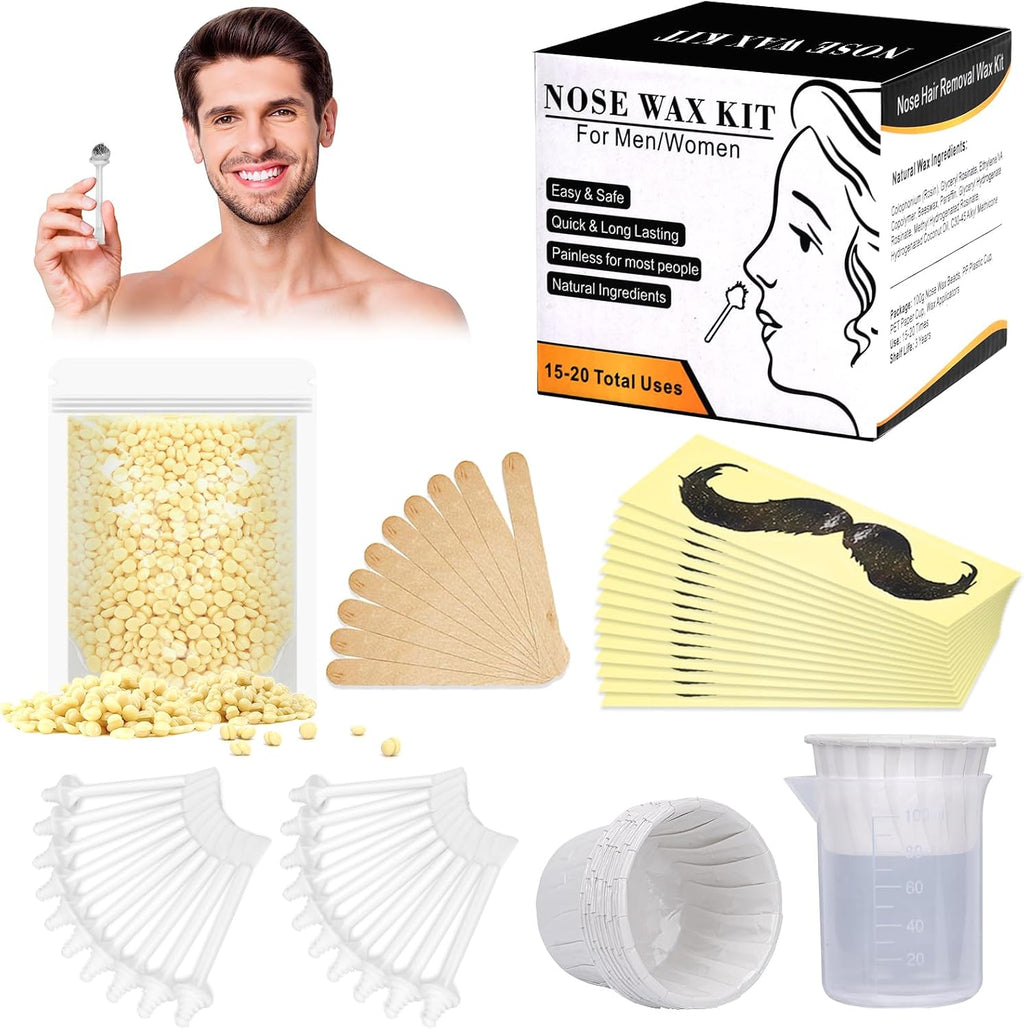 Nose Wax Kit for Men Women, Yovanpur Nose Hair Waxing Kit with 100g Nose Hair Wax Beads (15-20 USES), 20 Applicator, 15 Mustache Protector, 10 Paper Cups, 1 Measuring Cup - Easy, Quick and Painless