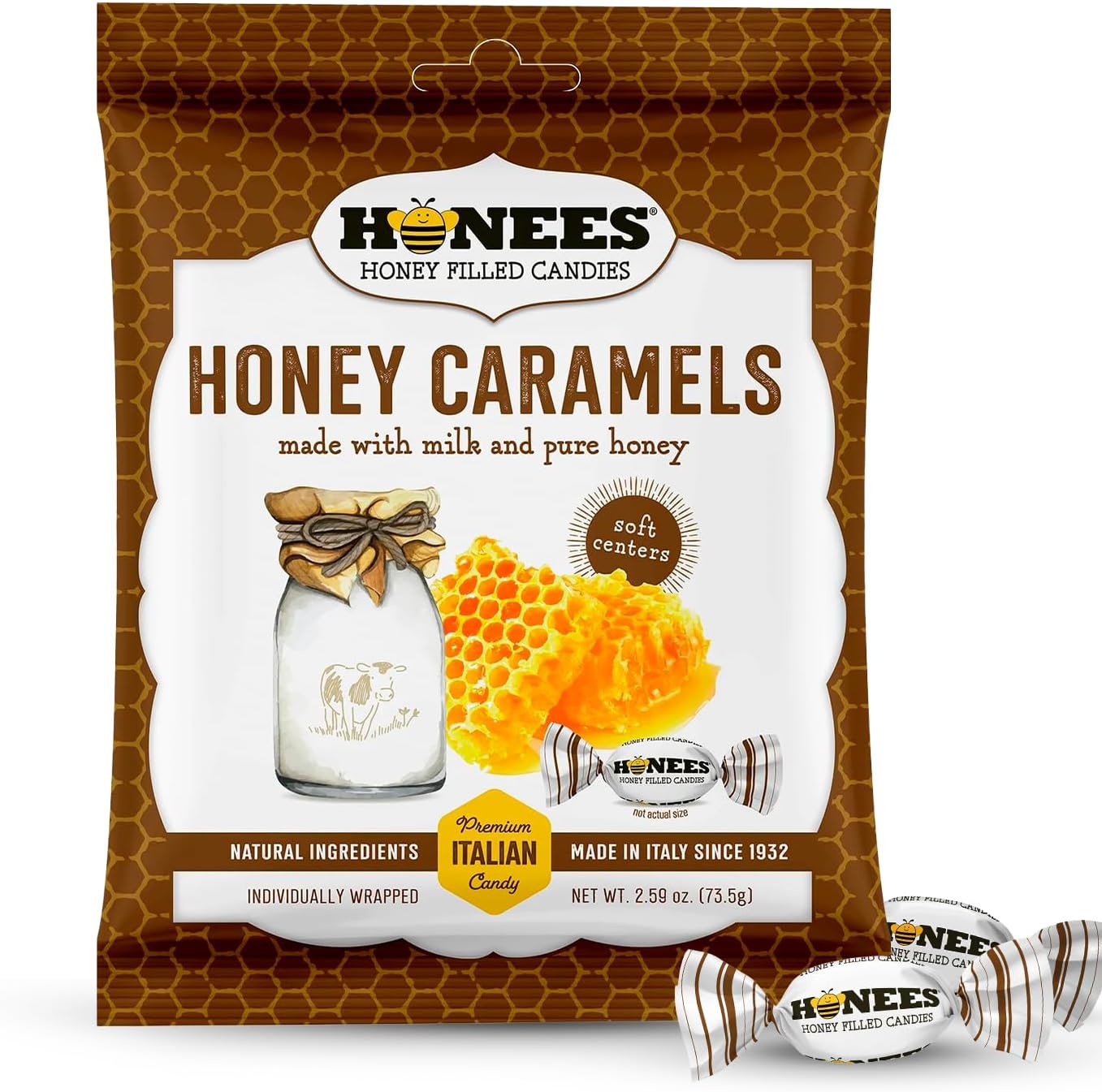 Honees Honey Caramels Hard Candy Individually Wrapped | Natural & Healthy Candy, Italian Made with Milk & Pure Honey, 1 Pack (2.85 oz)