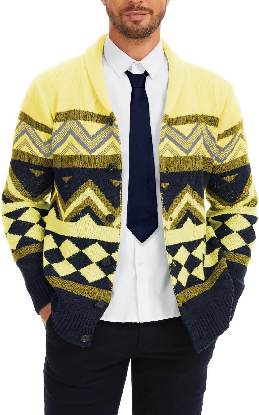 EHSUYAB Mens Cardigan Sweater, Shawl Collar Long Sleeve Button Down Color Block Graphic Print, Fall Winter Casual Outfits