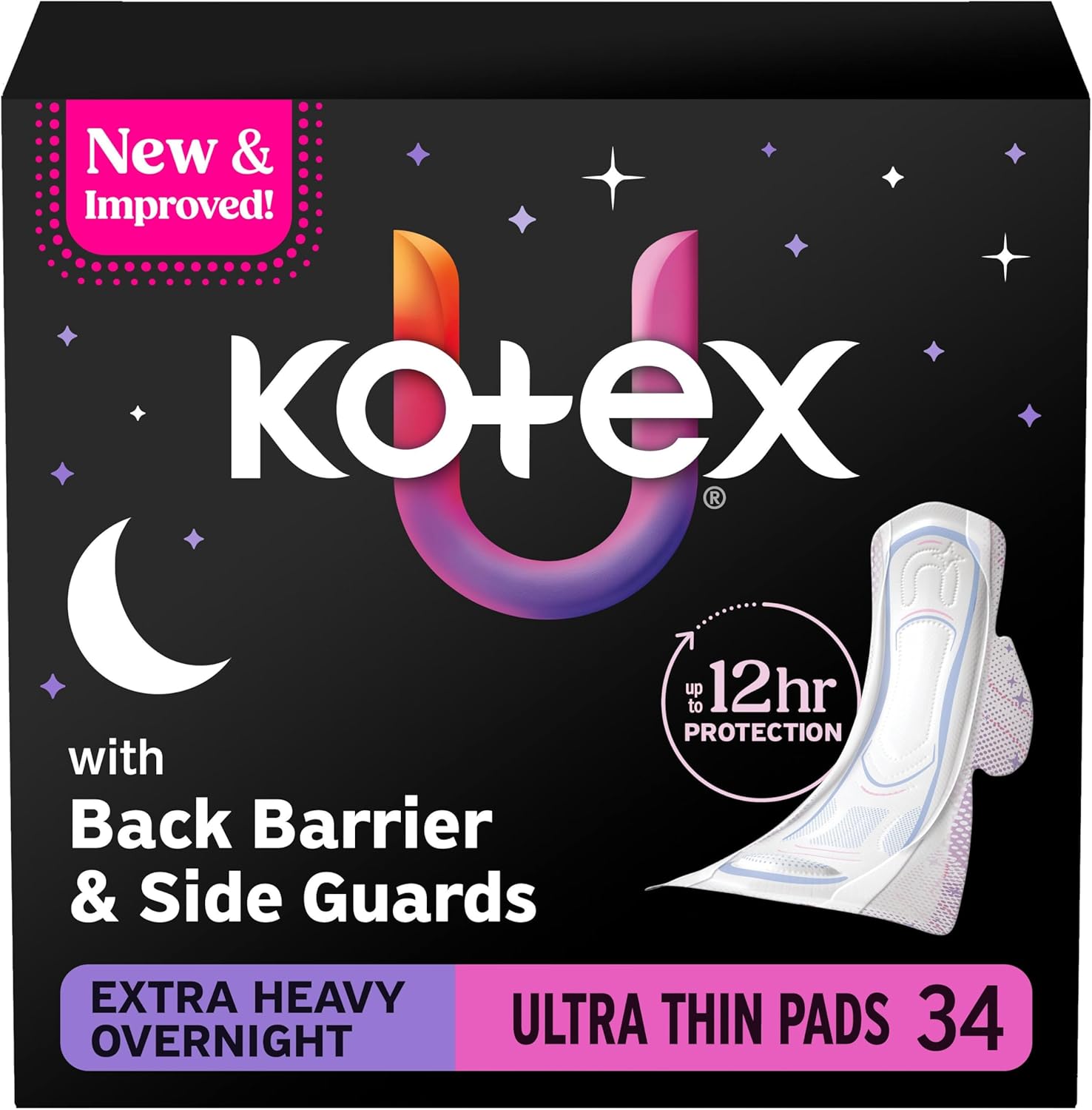 Kotex Ultra Thin Overnight Pads with Wings, Extra Heavy Absorbency, 34 Count (Packaging May Vary)