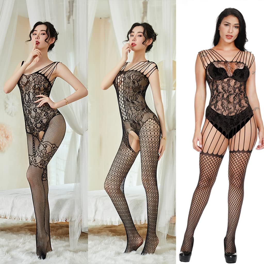 Ladies Sexy Lingerie Bodysuit, Black Lace Pantyhose, Fishnet See-Through Stockings for Women 3 Pairs