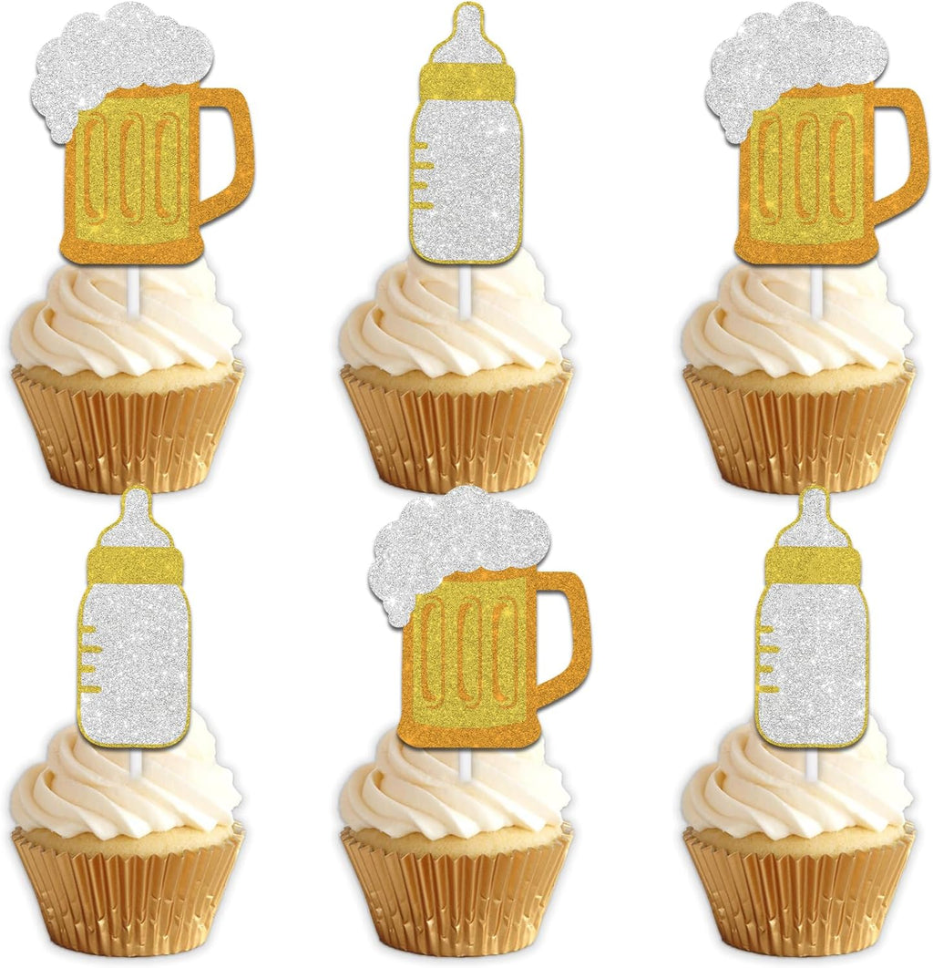 18pcs Gold Glitter Feeding Bottle Beer Dessert Cupcake Topper Pick for Baby Shower Beer Theme Decor Supplies Men Happy Birthday Decorations