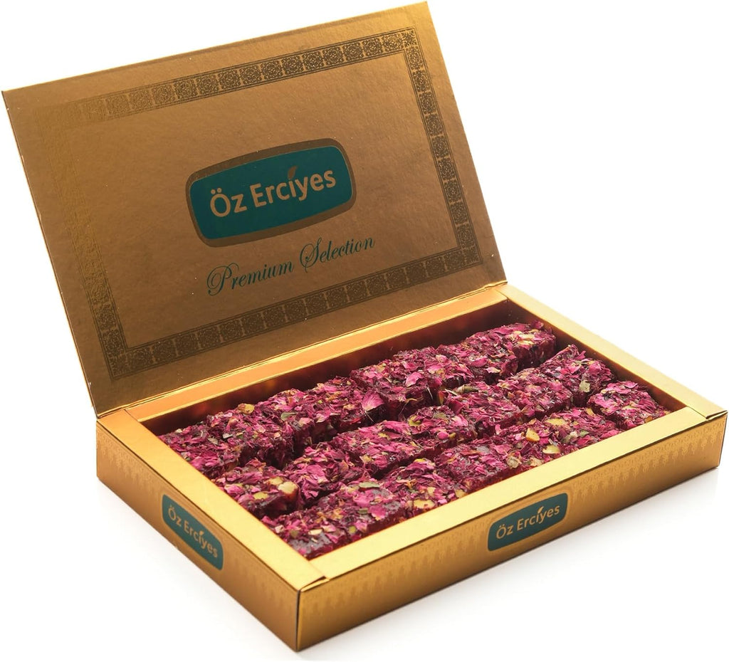 Turkish Delight with Rose Petals and Pistachio – Soft Lokum Candy, Gourmet Turkish Sweets Gift Box, Delicias Turcas, 17.6 oz (500g)