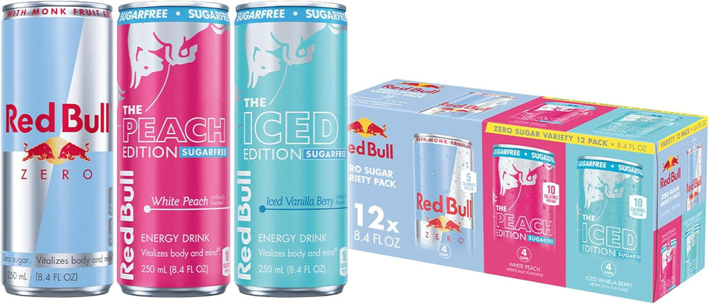 Red Bull Energy Drink SugarFree Variety Pack, Zero, Peach, Iced Vanilla Berry, with 80mg Caffeine, Taurine & B Vitamins, 8.4 fl. oz, Pack of 12 Can