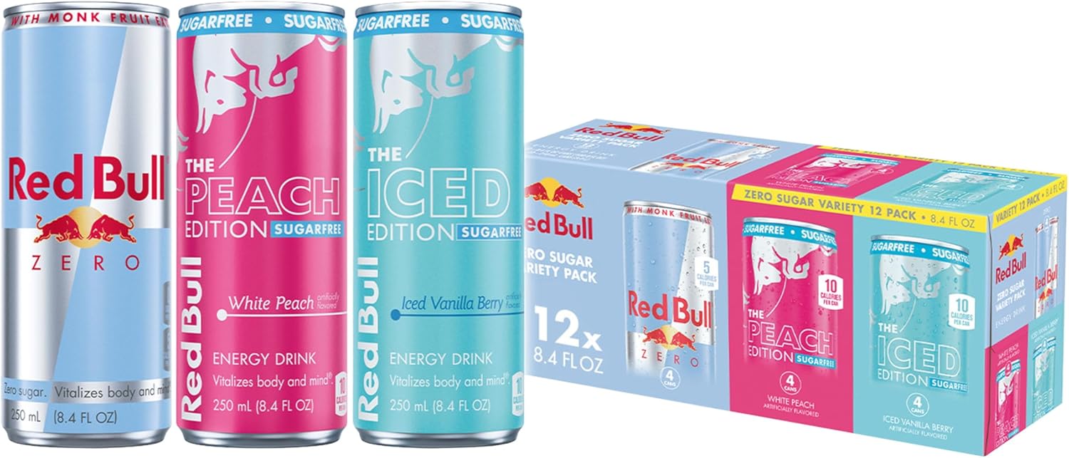 Red Bull Energy Drink SugarFree Variety Pack, Zero, Peach, Iced Vanilla Berry, with 80mg Caffeine, Taurine & B Vitamins, 8.4 fl. oz, Pack of 12 Can