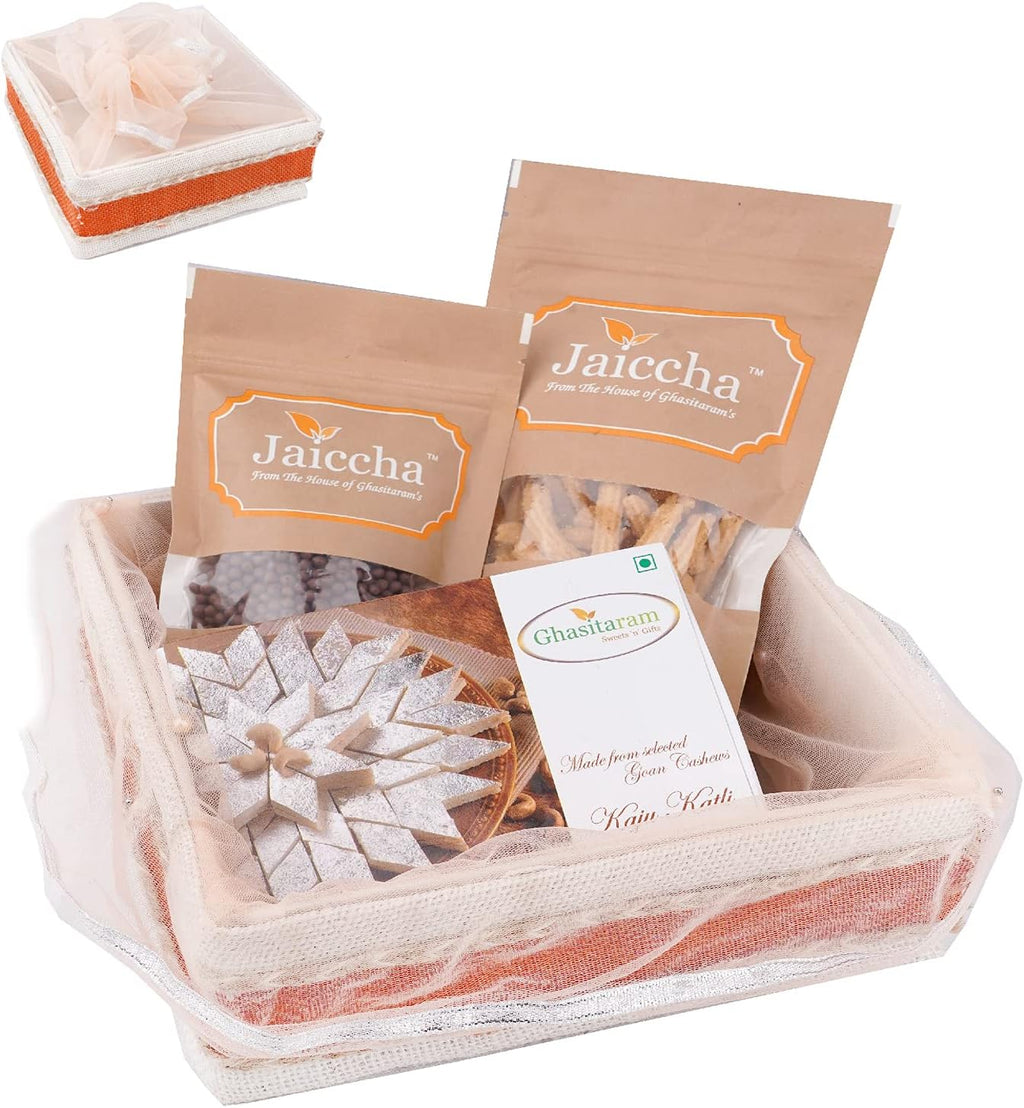 Jaiccha Ghasitaram Basket Hamper-Shaded Jute Potli with Butter Chakli, Rice Crispies and Kaju Katli |Gift for Diwali,Holi,Rakhi,Valentine,Christmas,Birthday,Anniversary,Her,Him|