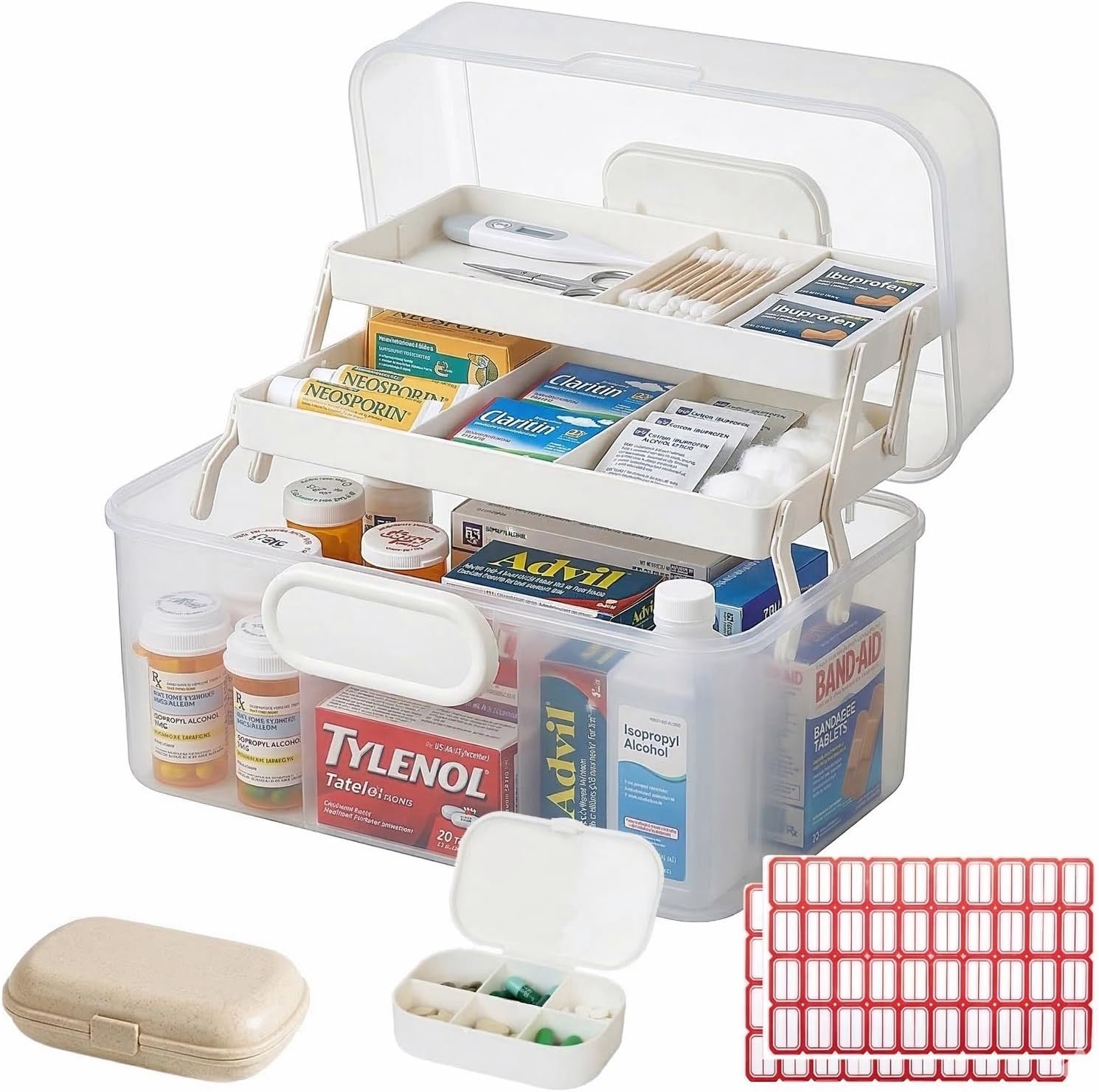 Portable Medicine Organizer Box & First Aid Kit Container – 3-Layer Folding Storage Bin with Handle & Latch, Clear Medical Supply Case for Home, Dorm, Sewing – w/ 2 Pill Pods & Labels