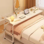 Adjustable Overbed Table, Over The Bed Table with Wheels, King Size Bed Table, Rolling Tray Table for Laptop and Writing, White Wood color