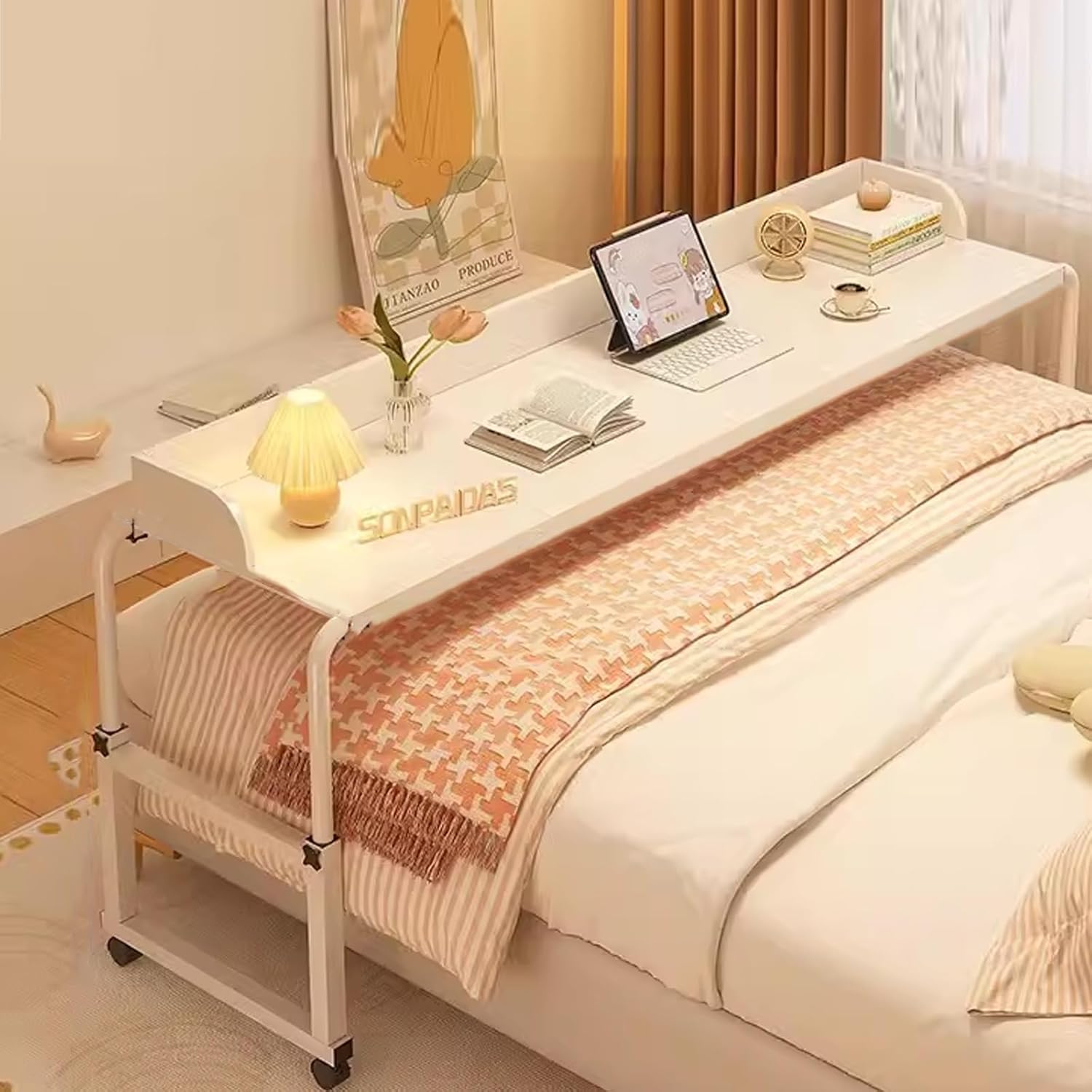 Adjustable Overbed Table, Over The Bed Table with Wheels, King Size Bed Table, Rolling Tray Table for Laptop and Writing, White Wood color