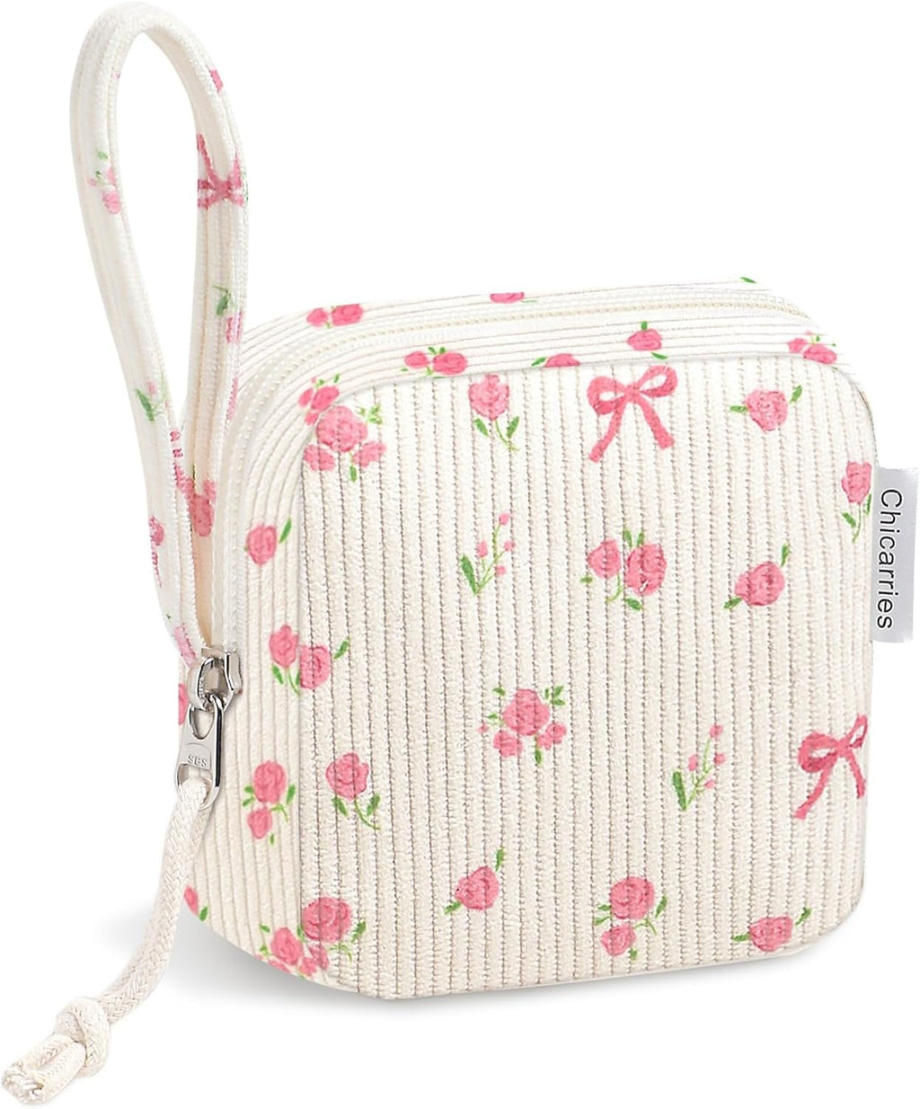 Small Makeup Bag | Discreet Period Bag Pad Pouch for Purse| Sanitary Napkin Storage & Tampon Holder for Travel(Flower bow beige)