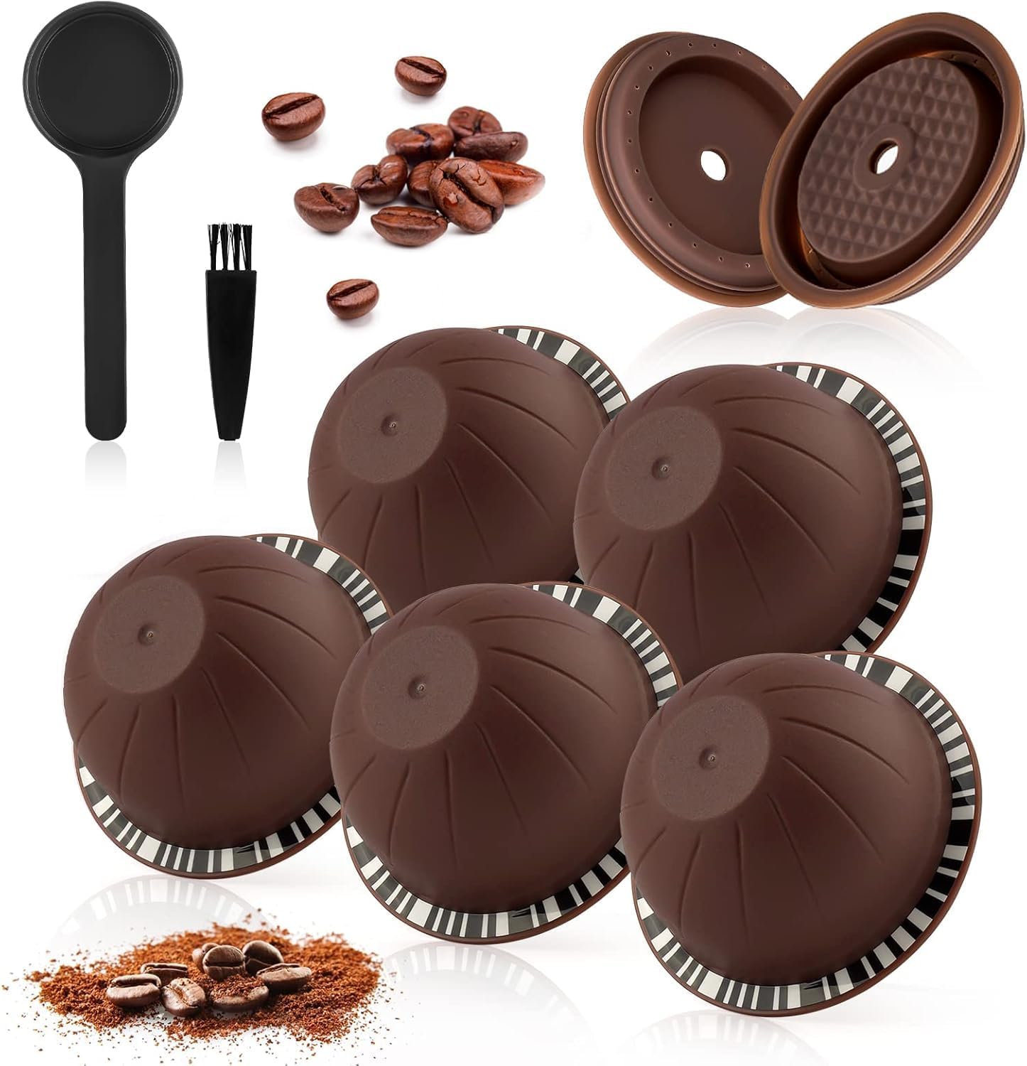 Nespresso Vertuoline Refillable Coffee Pods - 5pcs with 2 Silicone Lids, Scoop, Brush