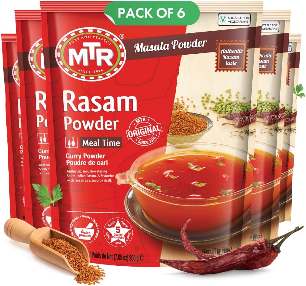 MTR Rasam Powder – Authentic Indian Blend of Coriander, Red Chili, Cumin, Fenugreek & Asafoetida – Mouth-Watering, Perfect for Rich, Flavorful Rasam – Pack of 6