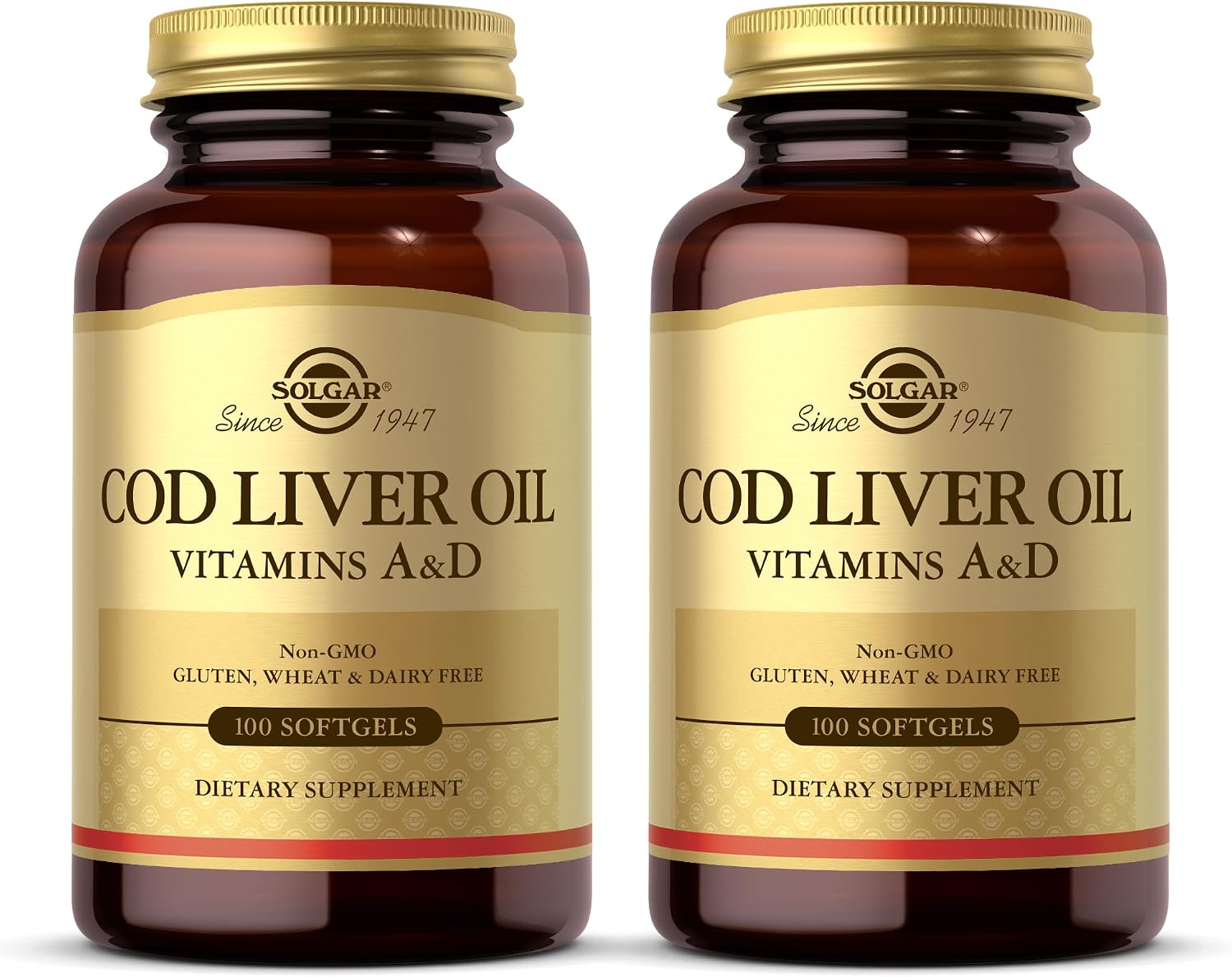 Solgar Cod Liver Oil - 100 Softgels, Pack of 2 - Provides Vitamins A & D - Non-GMO, Gluten Free - 200 Total Servings