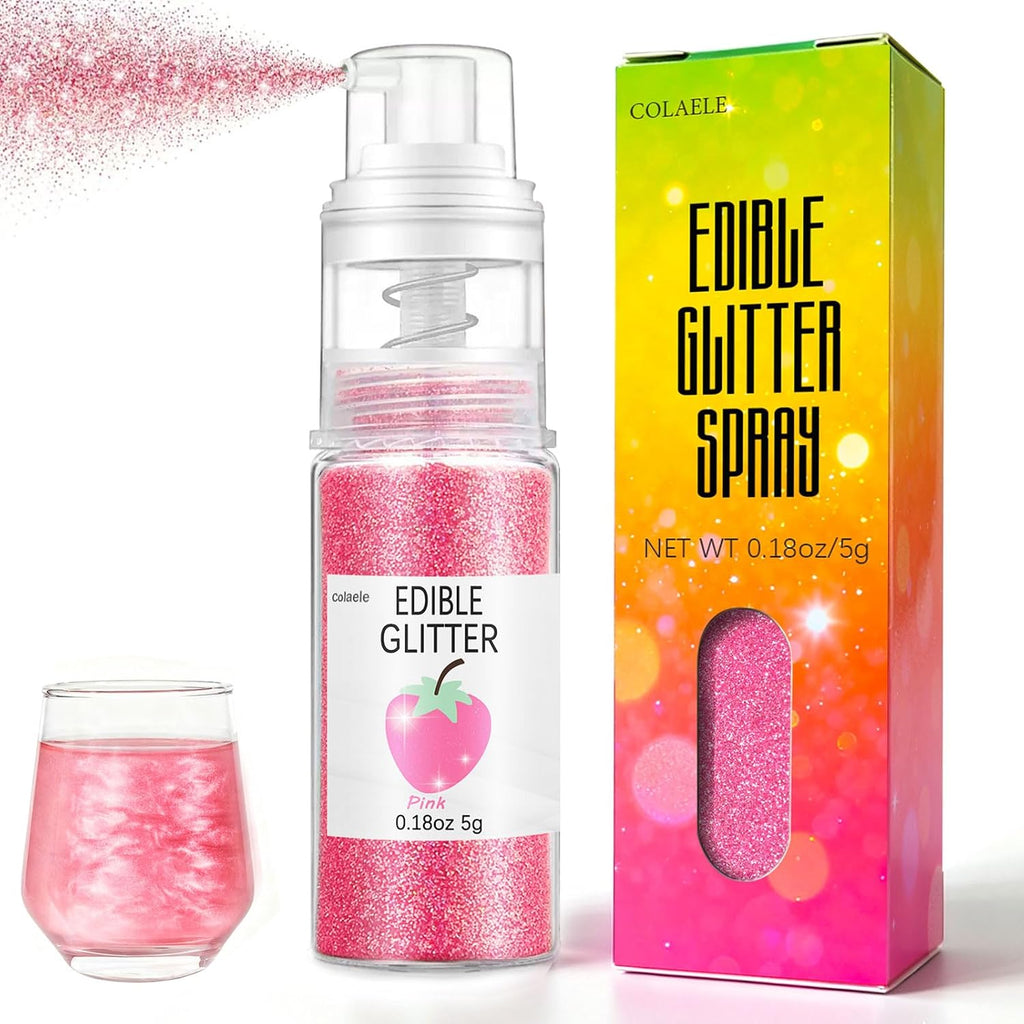 Pink Edible Glitter Spray for Cakes Drinks - Colaele 5 Grams Shimmer Luster Dust Food Grade Metallic Sprinkle Decorating for Cake Decorating, Cookies Baking, Chocolate, Strawberries, Vegan