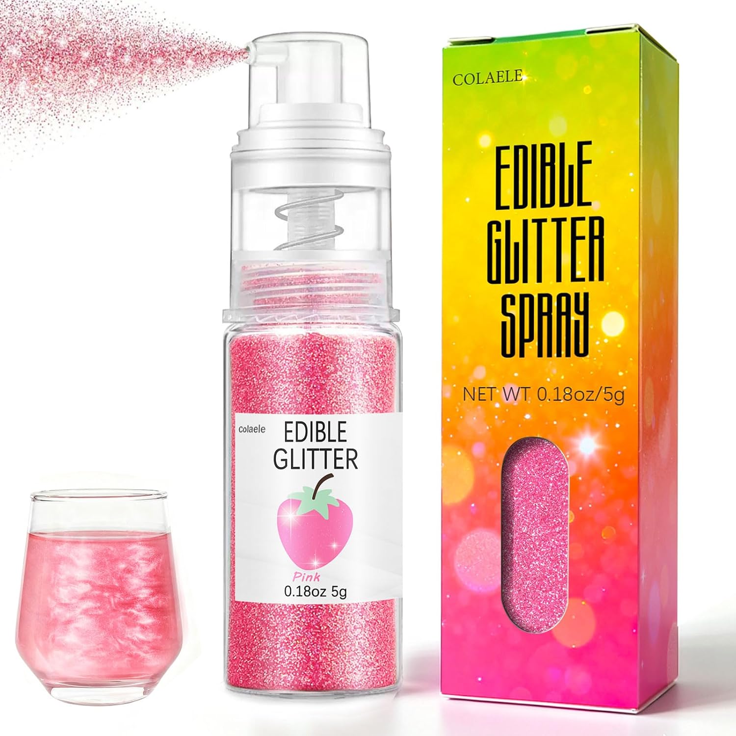 Pink Edible Glitter Spray for Cakes Drinks - Colaele 5 Grams Shimmer Luster Dust Food Grade Metallic Sprinkle Decorating for Cake Decorating, Cookies Baking, Chocolate, Strawberries, Vegan