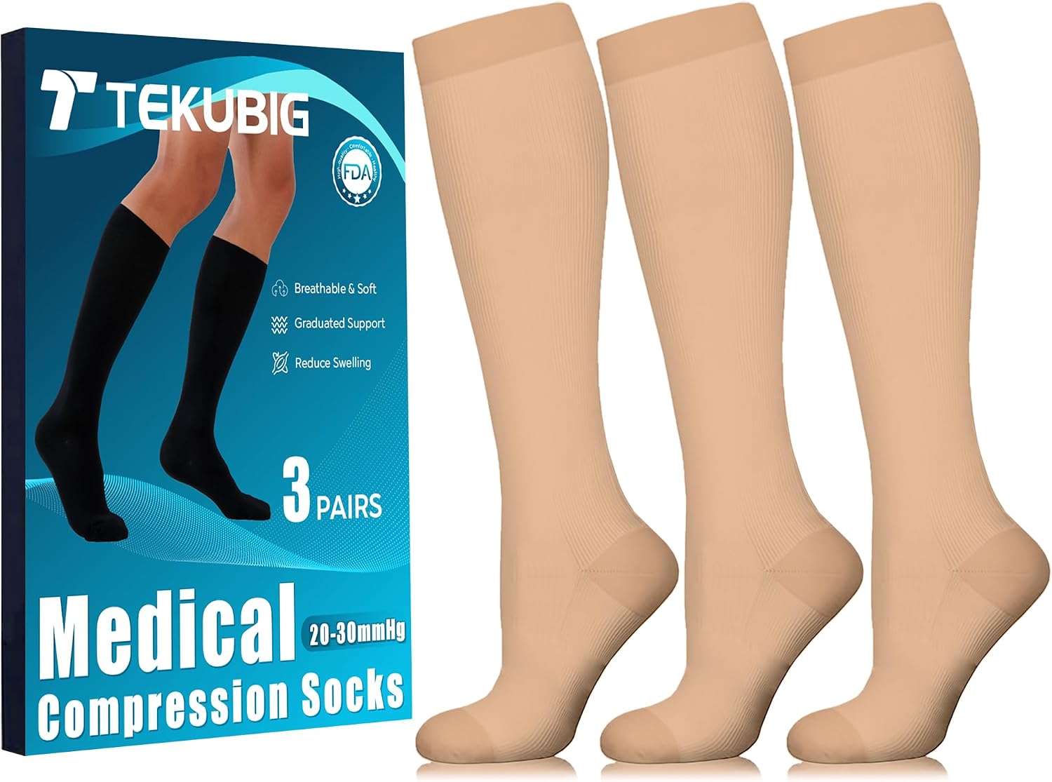 3 Pairs Medical Women Men Compression Socks Knee High 20-30 mmhg Graduated Stocking Support Hose Cute for Running Travel