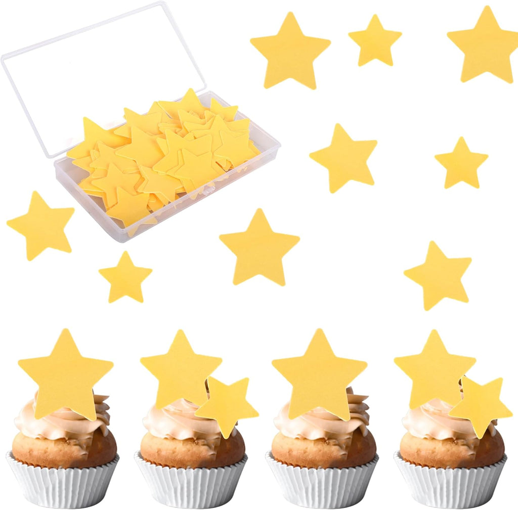 Rsstarxi 60 Pack Edible Gold Star Cupcake Toppers Rice Paper Mini Stars Cupcake Picks for Baby Shower Wedding Engagement Bridal Shower Birthday Christmas Party Cake Decorations Supplies Gold