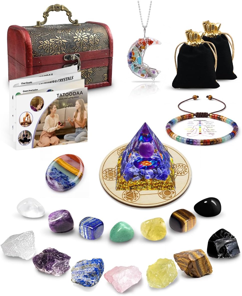 Crystals and Healing Stones Set - Chakra Crystals Gift for Women, Thumb Worry Stones, Chakra Bracelets, 7 Chakra Stones Set, Orgone Pyramid for Positive Energy Balance, Birthday Gifts for Women