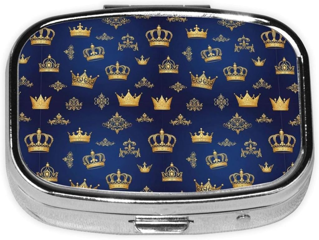 Purse Pill Container Slim Vitamin Organizer Credit-Card Sized Women’s Daily Essential, Purple Blue Gold Royal Crown