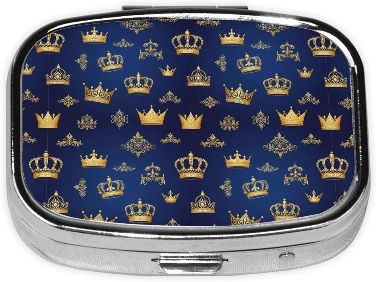 Purse Pill Container Slim Vitamin Organizer Credit-Card Sized Women’s Daily Essential, Purple Blue Gold Royal Crown