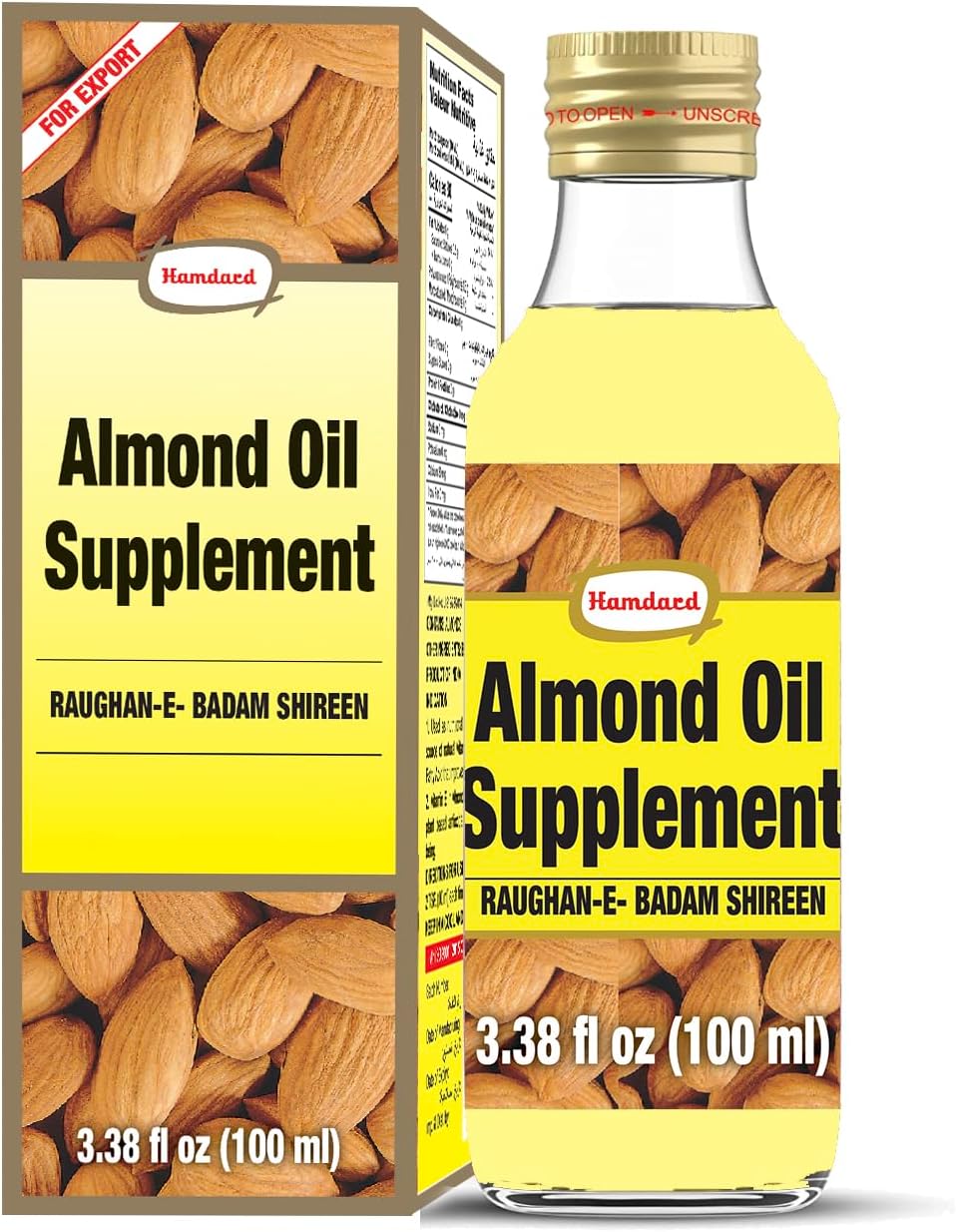 Hamdard Roghan Badam Shirin Almond Oil 100ml / 3.38Fl Oz – Pure, Sweet Almond Oil for Health, Hair, and Skin Care