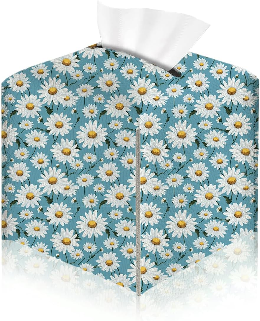 Tissue Box Cover, Tissue Box Holder, Square PU Leather Aesthetic Daisy Desk Decor for Home, Office, Bedroom, Coffee Table, Car, Dresser, Bedside, Tissues Cube Boxes Holder Office Desk Accessories