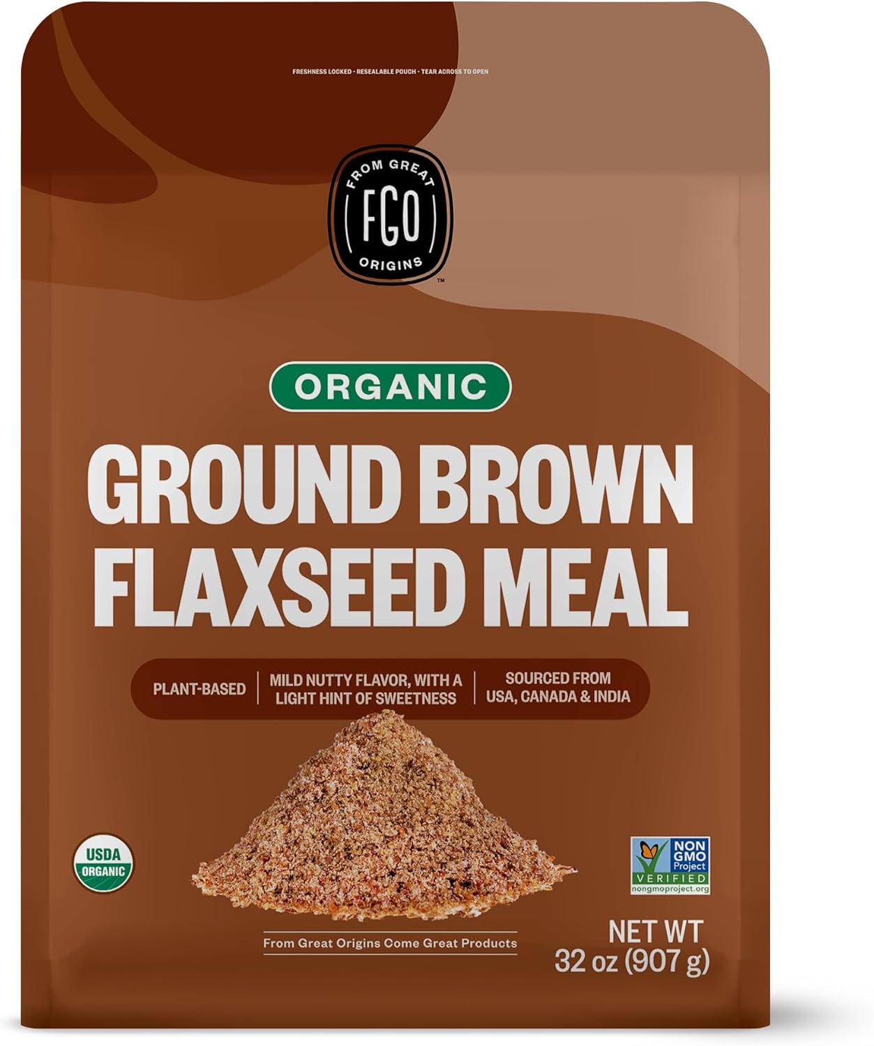 FGO Organic Ground Brown Flaxseed Meal, 2 Pound / 32oz Bulk Powder in Resealable Pouch, Cold Milled for Baking & Smoothies, Grown in USA & Canada (Pack of 1)